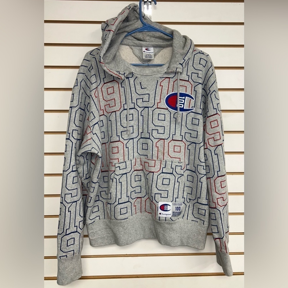 Champion Men's Gray 100 C100 1919 Allover‎ Print Pullover Hoodie Size Large